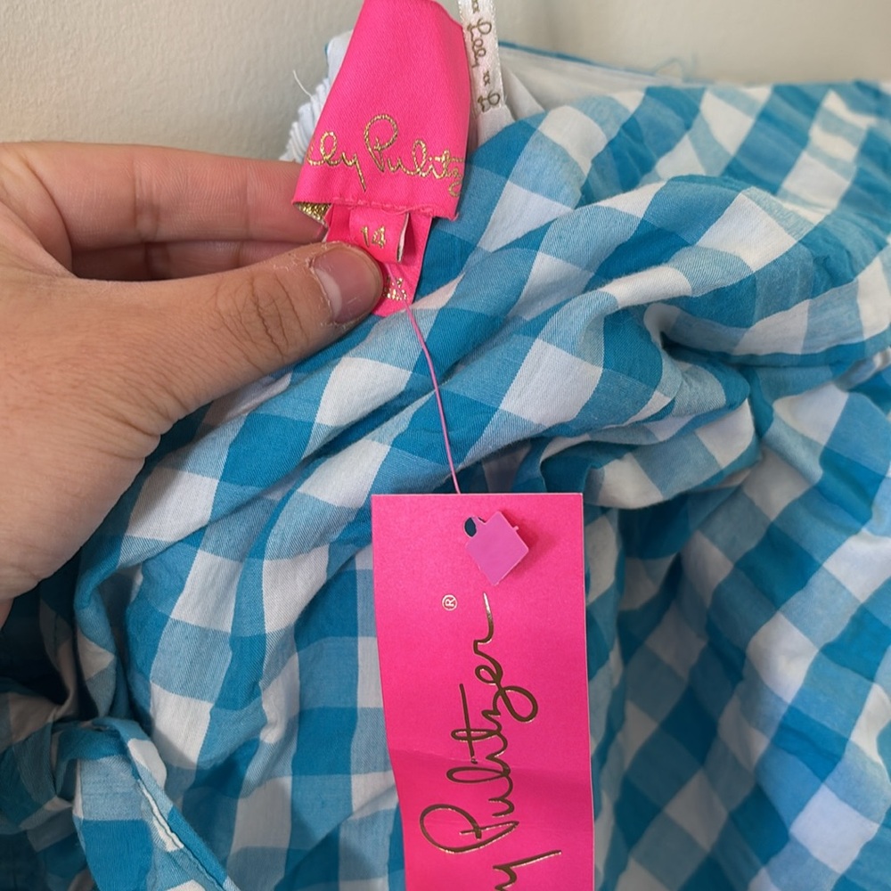 Lilly Pulitzer Sarafina Short Sleeve Turquoise Oasis Crinkle Gingham Size 14 NWT - Picture 6 of 8
